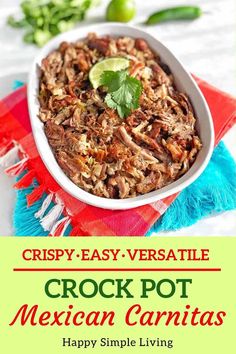 crock pot mexican carnitas recipe in a white bowl on a red and blue towel