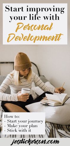 a woman sitting on top of a bed holding a cup and looking at a book