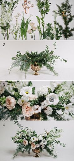 four different images of flowers and plants in vases on white background with text overlay