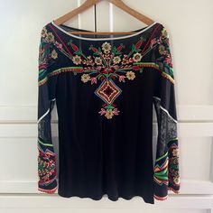 Embroidered Blouse, The Top Part And Top/Bottom Of Sleeves Are Sheer. The Body Is Stretchy, Beautiful Blouse! This Was Purchased From A Boutique And There Is No Tag With A Brand Or Size. It Fits Like A Size 4. Never Worn. Long Sleeve Embroidered Multicolor Blouse Piece, Multicolor Fitted Long Sleeve Embroidered Top, Embroidered Multicolor Long Sleeve Blouse Piece, Multicolor Embroidered Long Sleeve Blouse Piece, Multicolor Long Sleeve Top With Embroidered Sleeves, Festive Tunic Top With Embroidered Neckline, Bohemian Long Sleeve Tops With Geometric Embroidery, Multicolor Long Sleeve Festive Top, Long Sleeve Blouse With Multicolor Geometric Embroidery