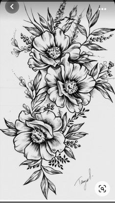 a black and white drawing of flowers on a cell phone with the text, i love you