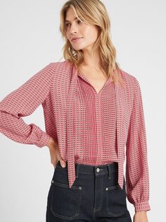 Pleated Bow-Neck Blouse | Banana Republic Factory Banana Republic Factory, Band Collar, Sweater Shop, Neck Tie, Banana Republic, Bell Sleeve Top, Ruffle Blouse, Long Sleeve Blouse, Long Sleeves