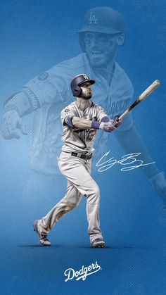 a man holding a baseball bat on top of a blue background with the dodgers logo