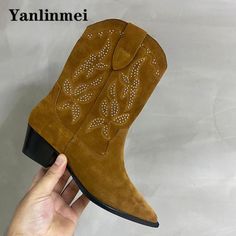 Luxury Quality Chelsea Boots Woman Cow Suede Embroidery Rivet Western Boots Pointed Toe Slip-On Boots For Short Women, Chelsea Boots Women, Western Boots, Chelsea Boots, Womens Boots, Chelsea, Cow, Slip On, Embroidery