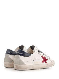 'Super Star' sneakers from Golden Goose in white leather, with fuchsia glitter star, leopard lace closure, heel insert and blue sole. Composition: COW LEATHER97%;POLYETHYLENE TEREPHTHALATE2%;COTTON1% LINING COTTON41%;COW LEATHER31%;POLYURETHANE TEXTILE18%;POLIESTER6%;VISCOSE4% SOLE RUBBER100% | Golden Goose Women's super Star Sneakers in White/Fuchsia/Blue | SS24