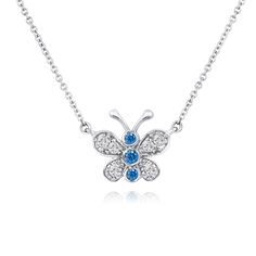 "HERE IS BEAUTIFUL BUTTERFLY PENDANT NECKLACE HANDMADE MODEL BLUE & WHITE DIAMONDS 14 KARAT WHITE GOLD AVAILABLE YELLOW OR ROSE GOLD TOO ASK ME PLEASE COMES WITH 16' or 18\" INCH CHAIN !! FULL PAVE SET & BEZEL SET 9 DIAMOND TOTAL 0.33ct !! 6 WHITE DIAMOND SI1 G COLOR DIAMONDS 3 BLUE DIAMOND SI1 CLEAN AND BRIGHT WHITE DIAMONDS VERY SWEET & NICE BLUE COLOR & CLEAN BLUE DIAMONDS 100% FINE JEWELRY TOTAL 0.33 CARAT RETAIL PRICE IS OVER $2,600.00 !! COMES WITH $1,600.00 CERTIFIED APPRA Blue Diamond Pendant Necklace For Anniversary, Blue Sapphire Diamond Necklace As A Gift, Blue Sapphire Pendant Diamond Necklace, Blue Diamond Accents Necklace For Gift, Blue Diamond Necklace With Diamond Accents Gift, Formal Blue Sterling Silver Diamond Necklace, Blue Diamond Pendant Necklace Gift, Blue Diamond Necklaces For Anniversary, Light Blue Diamond Necklace For Anniversary