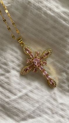 Pretty Gold Cross Necklace, Cross Necklace Pink, Gold Cross Jewelry, Aesthetic Cross Necklace, Pink Cross Aesthetic, Gold Cross Necklace Aesthetic, Pink Necklace Aesthetic, Gold And Pink Aesthetic, Pink Accessories Aesthetic