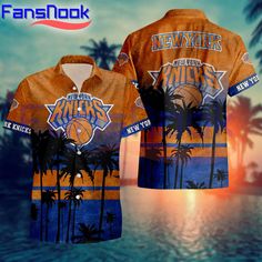 an orange and blue shirt with the new york nets on it, next to palm trees