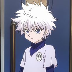 an anime character with white hair and blue eyes standing in front of a door holding a baseball bat