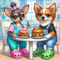 two small dogs sitting at a table with food