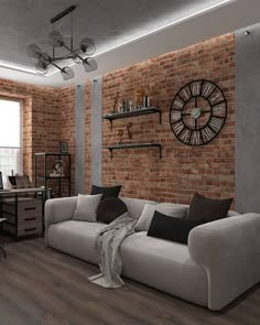 a living room filled with furniture and a large clock mounted to the side of a brick wall