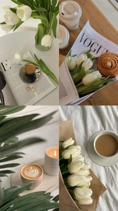 three different pictures with flowers and coffee on the table