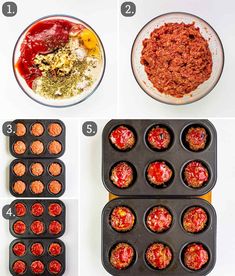 the steps to making cupcakes in muffin tins are shown with ingredients