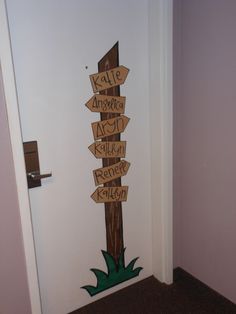 the door is decorated with wooden signs and grass