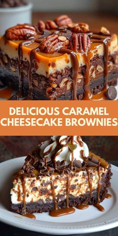 delicious caramel cheesecake brownies with pecans on top