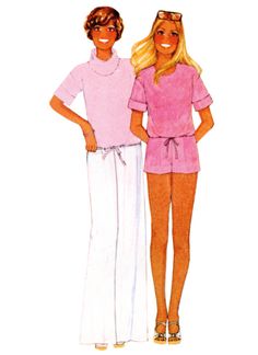 two women standing next to each other wearing pink tops and white pants, with their hands on their hips