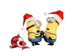 two minion characters wearing santa hats next to a christmas ornament