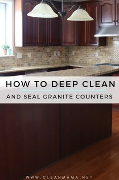 a clean kitchen with wooden cabinets and granite counter tops in the center is an island that has two pendant lights hanging over it