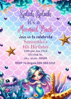 a mermaid birthday party with an under the sea theme and pink, blue and purple background