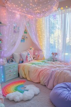 a bedroom decorated in pastel colors with fairy lights on the ceiling and rainbow rugs