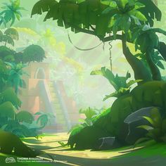 a digital painting of a jungle scene with stairs, trees and other plants in the foreground