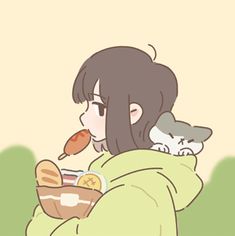 a woman eating food while holding a cat