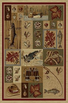 an area rug with many different items and colors on it, including fish, leaves, mushrooms