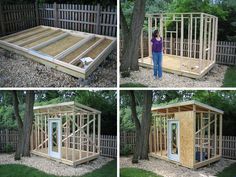 four pictures showing the different stages of building a shed