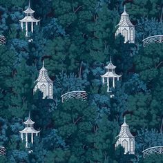 a blue and white wallpaper with pagodas in the trees