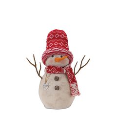 a snowman with a red hat and scarf on it's head, standing in front of a white background