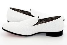 Make a dazzling impression in this handsome designer loafer with suave interior lining to accent its bright, glittered upper making it a great compliment to more flamboyant outfits. White Dress Shoes Men, Mens Dress Loafers, Glittery Dress, White Dress Shoes, Dress Loafers, White Glitter, Womens Oxfords, Wedding Outfit, Formal Event