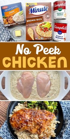 no peek chicken recipe with broccoli, rice and other ingredients on the side