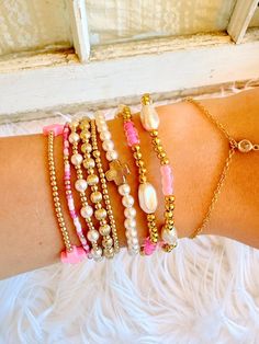 Pearl and gold beaded bracelets.  Pictured are beads #15 and #9. Pretty Stacks, Bracelets Pearls, Jewelry Combo, Aesthetic Bracelets, Bubble Bracelet, Gold Beaded Bracelets, Jewelry Closet, Beaded Charm Bracelet, Preppy Bracelets