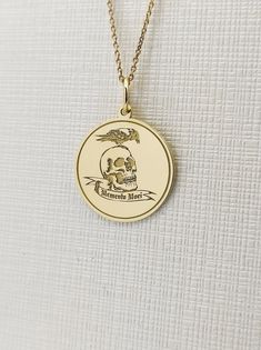 Memento Mori Necklace, Gold Engraved Amulet Coin Necklace, Gold Skull-shaped Engraved Jewelry, Gold Engraved Amulet-style Coin Necklace, Memento Mori Jewelry Victorian, Gold Disc Necklace, Goth Necklace, Compass Design, Solid Gold Necklace