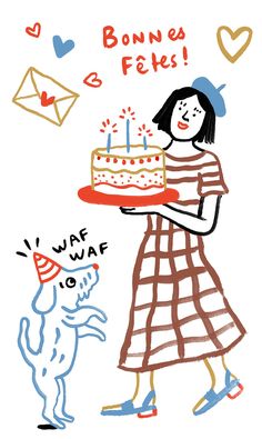 a drawing of a woman holding a birthday cake with a dog on the other side