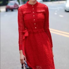 Red Long Sleeve Lace Dress With Button Down Bodice, Side Zip And Ribbon Tie Waist. Brand New And Never Worn. Red Buttoned Midi Dress For Party, Red Party Dress With Button Closure, Red Buttoned Midi Dress For Fall, Chic Red Button-up Midi Dress, Red Long Sleeve Dress With Button Closure, Elegant Red Mini Dress With Buttons, Red Buttoned Midi Dress For Spring, Spring Red Midi Dress With Buttons, Red Button-up Mini Dress