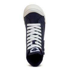 Jazz up your shoe collection with Rocket Dog's Jazzin Navy High-Top Sneaker. Navy canvas upper, comfy jersey lining, and an oversized rubber toe cap! Ideal with your go-to jeans and a funky graphic tee for that effortlessly cool vibe. Ready to hit the high notes, ladies? 🎵👟 Rocket Dog women's high-top sneakers Upper Material: Navy canvas cotton Lining: Jersey Laces: White laces Toe Type: Oversized rubber toe cap Branding: Rocket Dog embossed heel logo Sole: Rubber sole with tonal stripe Lining Cap Branding, Funky Graphic, Rocket Dogs, High Top Sneaker, Rocket Dog, Stylish Shoes, Types Of Shoes, Shoe Collection, High Top