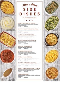 the side dishes menu is shown with different types of food in bowls and sauces