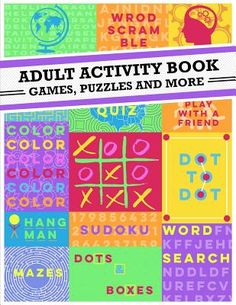 an adult activity book for games, puzzles and more with words to match the game