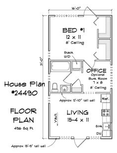 the floor plan for a small house with an office and living room in one area