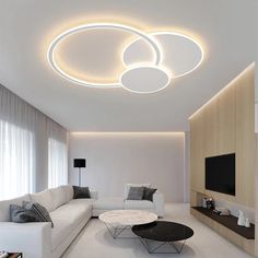 modern living room with white furniture and round lights