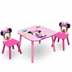 a minnie mouse table and chair set with matching head heads on the top, pink