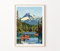 two people in canoes on a lake with mountains in the background, framed art print