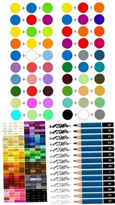 the color chart for different types of paints and pencils, all in different colors