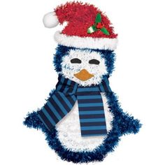 a blue and white snowman wearing a santa hat