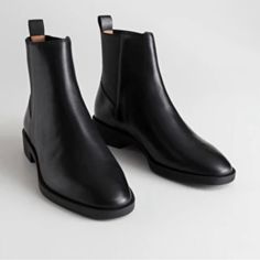 Bnwt & Other Stories Chelsea Leather Boots In Black, Size 7. Fit Tts. Classic Chelsea Boot With A Tab For Easily Sliding On And Off. Stacked Heel Rubber Outsole Leather Insole Heel Height 3cm Lining: Calf Leather 100% Upper Part: Calf Leather 100% Sole: Rubber 100% Chealsea Boots, Chelsea Leather Boots, Black Leather Ankle Boots, Back To Basics, Black Leather Boots, Stacked Heel, Leather Ankle Boots, Wearing Black, Calf Leather