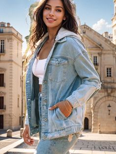 Lasaky - Luxurious Blue Jean Jacket with Magnetic Clasp and Detachable Hood Edgy Jacket, Denim Jacket With Hoodie, Denim Hoodie, Hooded Denim Jacket, Blue Jean Jacket, Blue Denim Jacket, Street Look, Boyfriend Style, Oversized Jacket