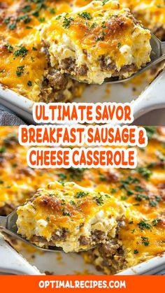 the ultimate breakfast sausage and cheese casserole is shown in two separate images with text overlay