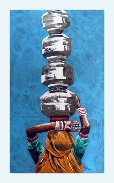 a painting of a person holding a stick in front of his head with stacked rocks on it