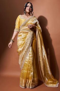 Shop for Matsya Yellow Sunaina Wrinkled Tissue Saree With Blouse for Women Online at Aza Fashions Zardozi Saree, Golden Saree, Saree With Belt, Saree Blouse Styles, Tissue Saree, Saree Blouse Patterns, Indian Fashion Saree, Blouse Designs Silk, Saree Designs Party Wear